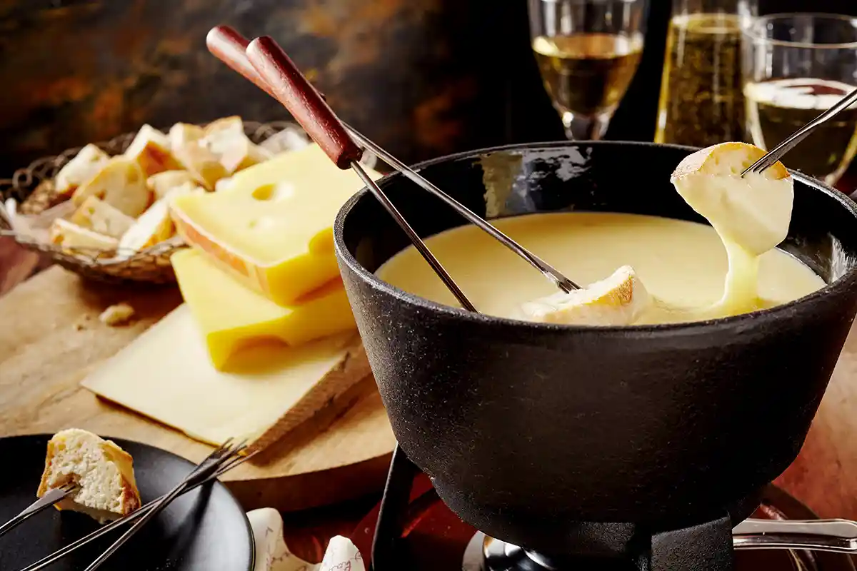 Cheese fondue, a popular Swiss dish